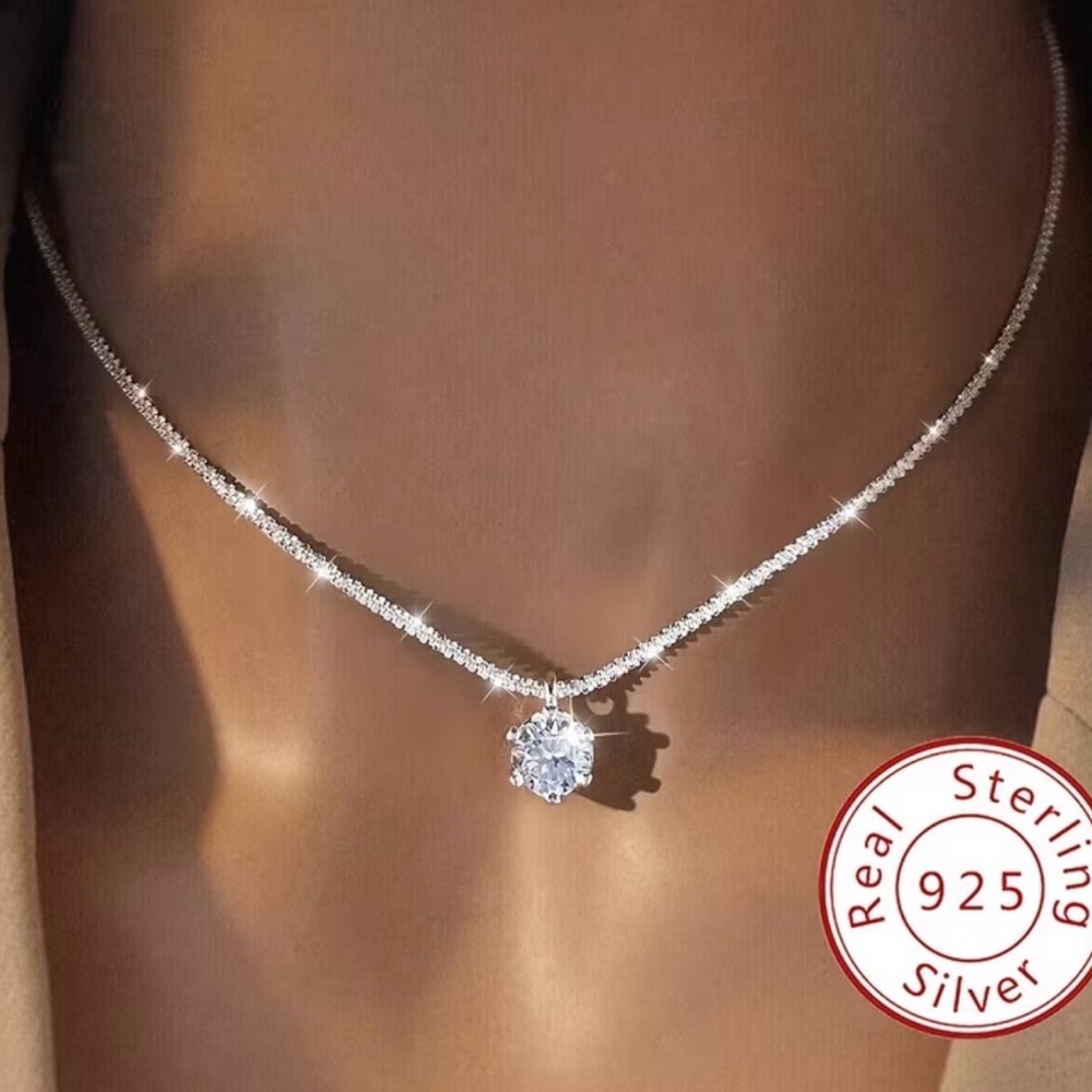Sterling Silver Round CZ Solitaire Necklace - White